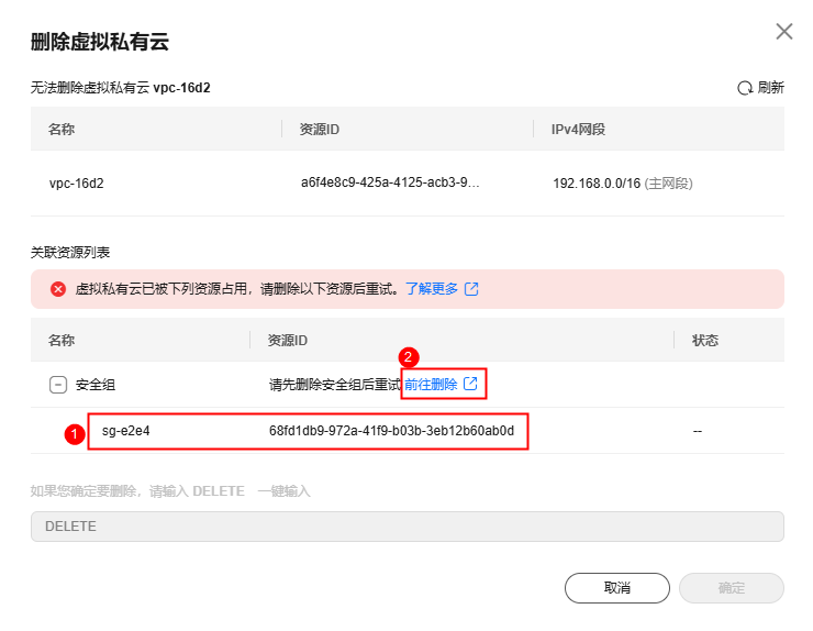 点击放大 华为云虚拟私有云 VPC-虚拟私有云和子网无法删除,如何处理?